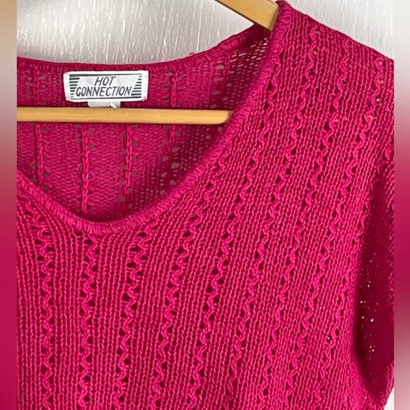 80s Vintage Hot Pink Linen Knit Sweater Bright & Saturated color Flutter Sleeves - Picture 2 of 6